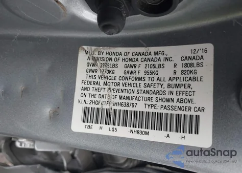 2017 Honda Civic Touring из США, поврежденный, VIN 2HGFC1F95HH638797